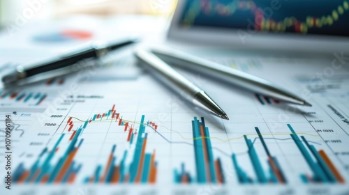 A close-up of financial charts and pens, illustrating business analysis and data trends.