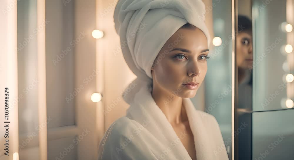 Young lady with towel in bathroom and ghost shadow in mirror Horror movie trailer, advertising, M 5