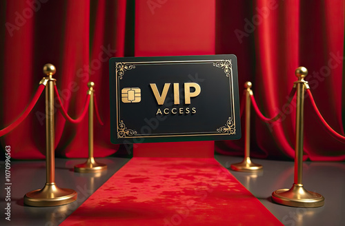 VIP access card on a red carpet surrounded by velvet ropes in a luxurious event setting