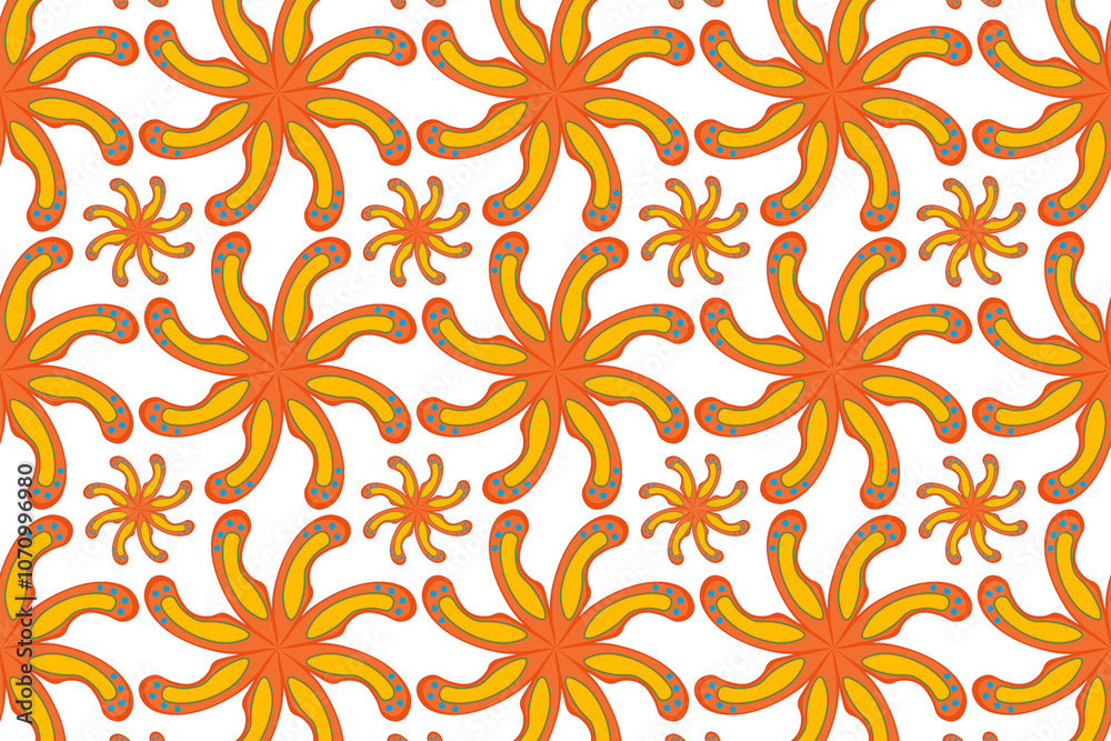 Vibrant orange star-like patterns dance on a bright white background in modern art style Vibrant orange star-like patterns dance on a bright white background in modern art style