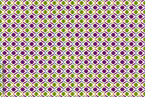 Geometric patterns in vibrant green and purple hues create a playful design