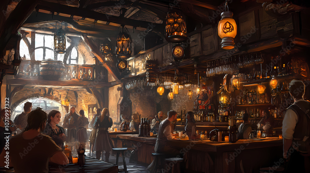 Fototapeta premium Warm lit friendly medieval fantasy tavern inn, lanterns, concept art interior, adventuring dungeons and dragons. Fantasy. Illustration