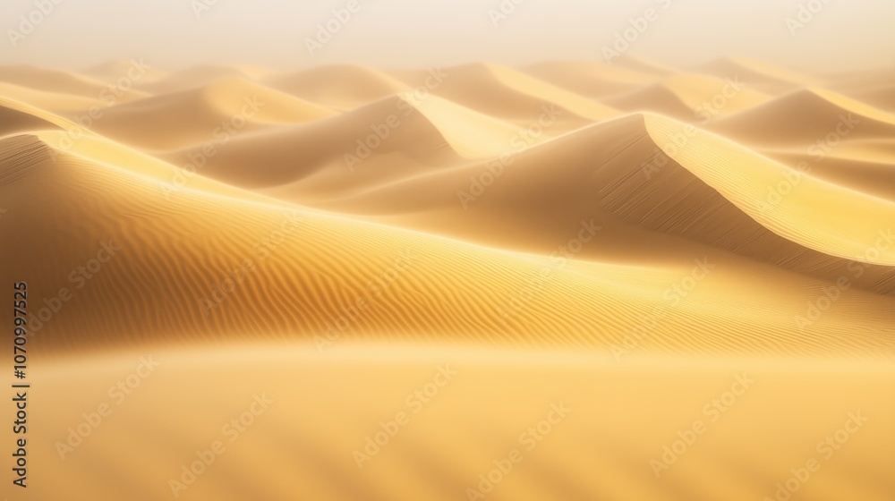 Waves of golden sand stretch across the horizon, illuminated by soft sunlight. The vast desert creates a serene and undulating pattern, inviting exploration Waves of golden sand stretch across the horizon, illuminated by soft sunlight. The vast desert creates a serene and undulating pattern, inviting exploration