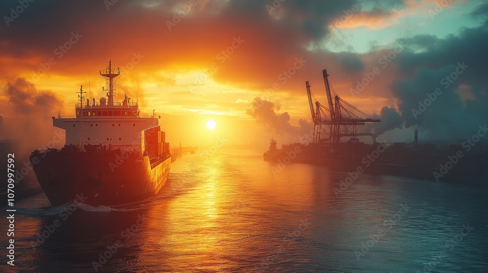 A large cargo ship sails towards the sunset with a silhouetted industrial port in the background. A large cargo ship sails towards the sunset with a silhouetted industrial port in the background.