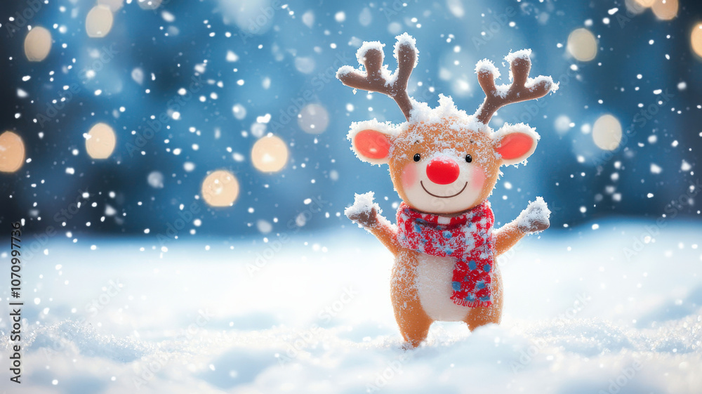 Fototapeta premium Playful animated reindeer with a scarf, frolicking through the snow, surrounded by floating snowflakes, creating a cheerful and festive atmosphere