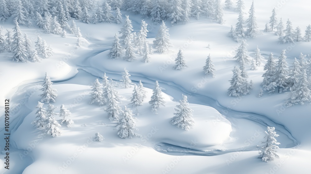 Fototapeta premium The vast winter landscape reveals a tranquil scene of snow-coated trees and a gently winding stream, creating a peaceful, picturesque environment under a pale blue sky