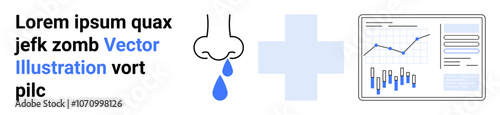 Runny nose icon with drips, blue medical cross, placeholder text block, and a chart on a monitor. Ideal for presentations, health summaries, statistics, medical dashboards, data analysis