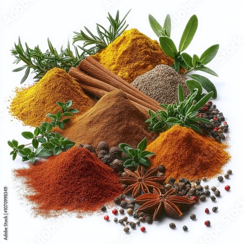Vibrant Assortment of Exotic Spices and Herbs Featuring Turmeric, Cinnamon, Star Anise, Provencal Herbs, Aromatic Scents and Culinary Diversity in Cooking