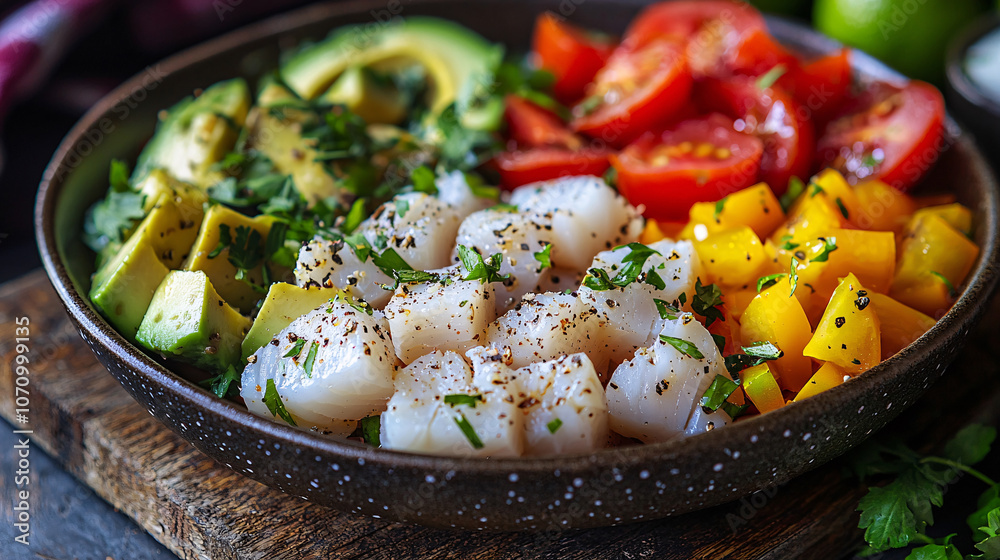 A vibrant seafood salad with raw fish fillets, avocado, and tomatoes, arranged on a wooden surface, showcasing a fresh and healthy meal A vibrant seafood salad with raw fish fillets, avocado, and tomatoes, arranged on a wooden surface, showcasing a fresh and healthy meal