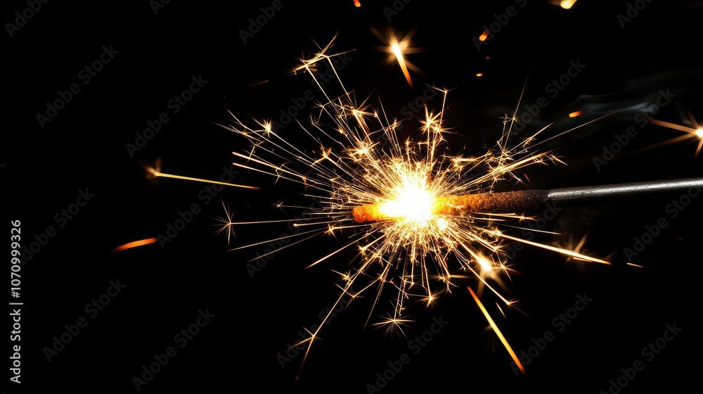 A close-up of a sparkler emitting bright sparks against a dark background. A close-up of a sparkler emitting bright sparks against a dark background.
