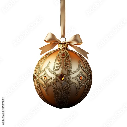 A beautifully designed ornament hangs gracefully from a ribbon