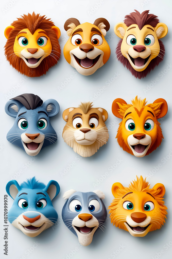 A group of cartoon lion heads with different expressions A group of cartoon lion heads with different expressions