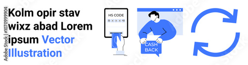 Man holding cashback sign, HS code document in hand, and sync icon. Ideal for fintech, e-commerce, transactions, business analytics, financial services, data management, customer engagement. Landing