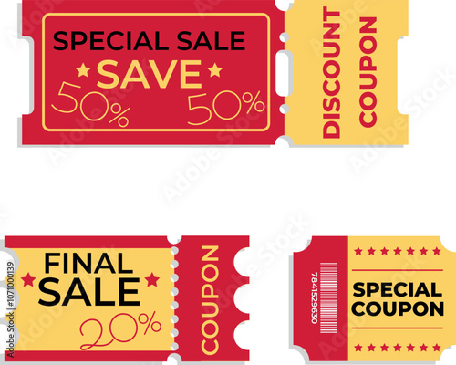 Set of coupons, tickets, gifts, discount coupons, color red, black, 20, 50%, percent. Coupon card element vector template for graphic design. Illustration