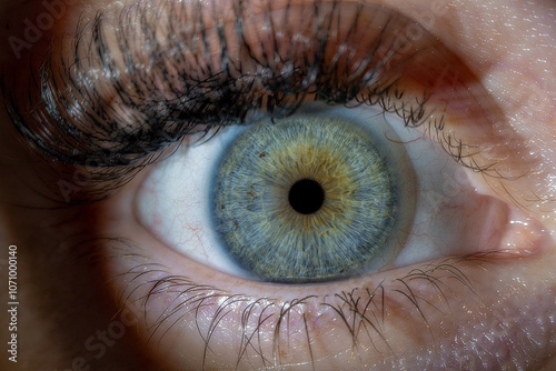 Close-up macro image of a human eye with blue iris and visible eyelashes. High-resolution photograph capturing the intricate details and natural color of the eye.