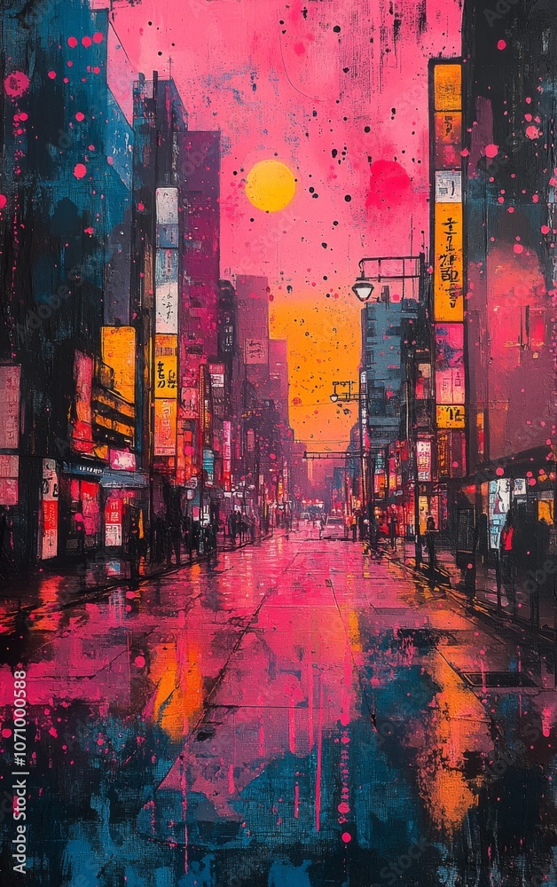 Obraz premium Collage Art of Tokyo Street with Pink and Yellow Accents, Urban Cityscape on Black Background