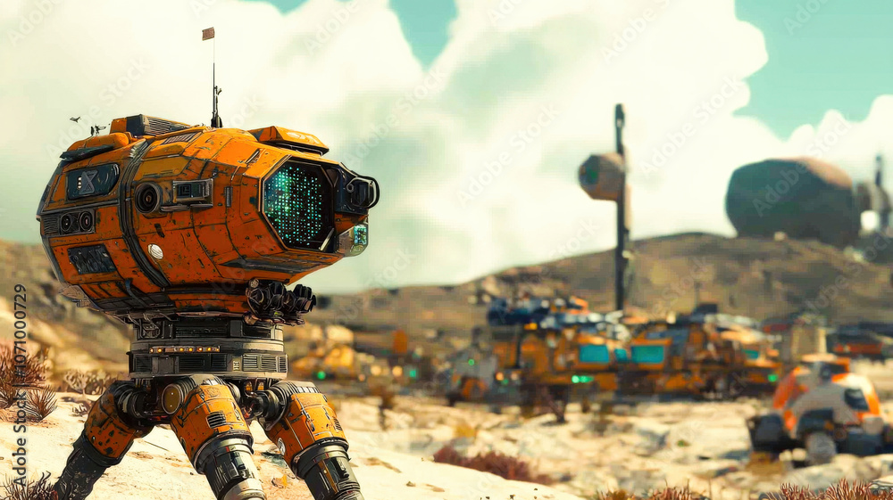 Robots exploring distant planets, transforming harsh terrain into vibrant settlements, showcasing futuristic exploration and colonization Robots exploring distant planets, transforming harsh terrain into vibrant settlements, showcasing futuristic exploration and colonization