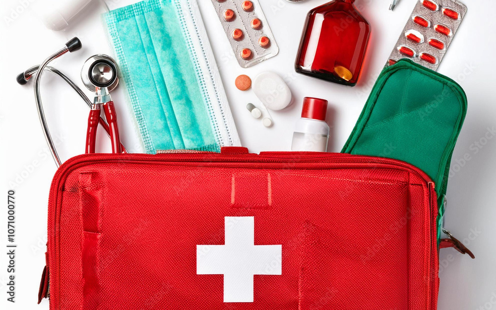 © Daniel Sawyer - articulos kit primeros auxilios medicos y camping aislado sobre fondo blanco, vista superior © Daniel Sawyer - articulos kit primeros auxilios medicos y camping aislado sobre fondo blanco, vista superior
