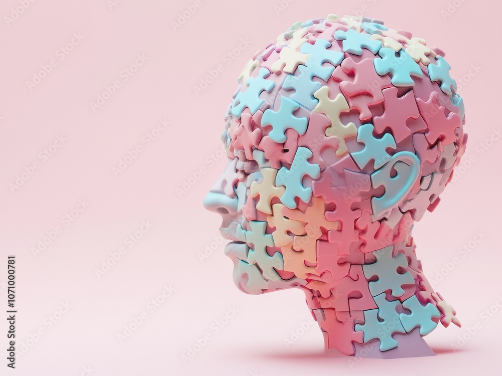 A colorful puzzle-like head sculpture symbolizes complex thought and creativity. A colorful puzzle-like head sculpture symbolizes complex thought and creativity.
