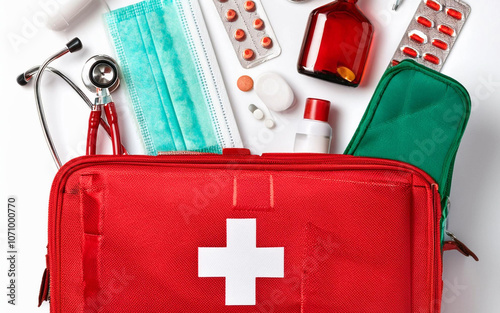 articulos kit primeros auxilios medicos y camping aislado sobre fondo blanco, vista superior