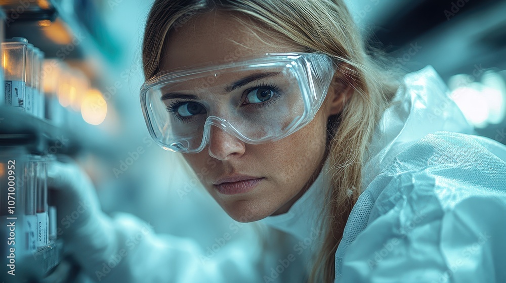 Female scientist in protective suit collecting samples in a high-tech laboratory Female scientist in protective suit collecting samples in a high-tech laboratory