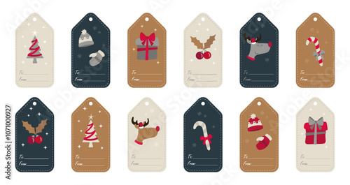 Retro style Christmas gift tags in colors. Set of vintage cards. Collection of hand-drawn xmas stamps. See more in our profile