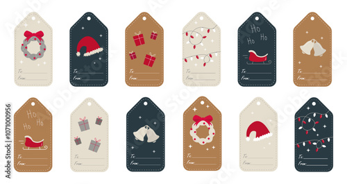 Retro style Christmas gift tags in colors. Set of vintage cards. Collection of hand-drawn xmas stamps. See more in our profile