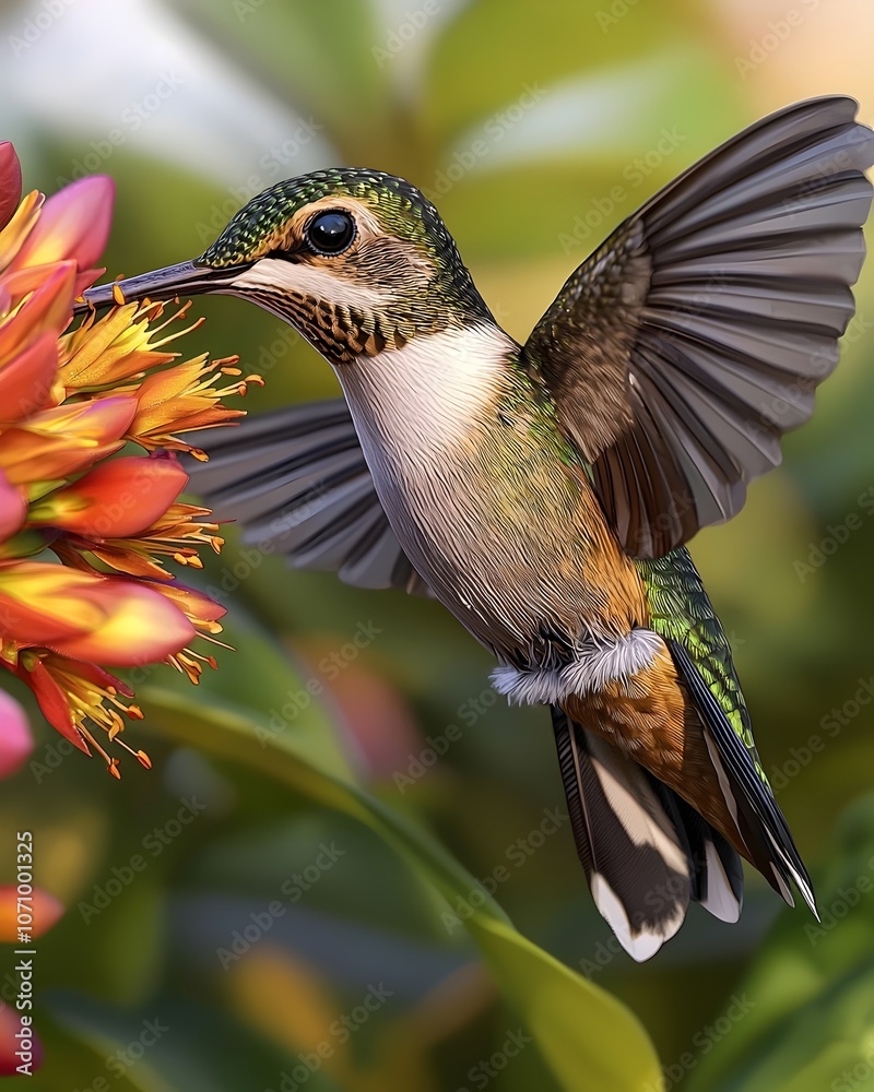 Fototapeta premium A vibrant hummingbird with iridescent green and bronze feathers hovers gracefully near a blooming orange flower, showcasing nature's beauty and intricate details in their habitat.