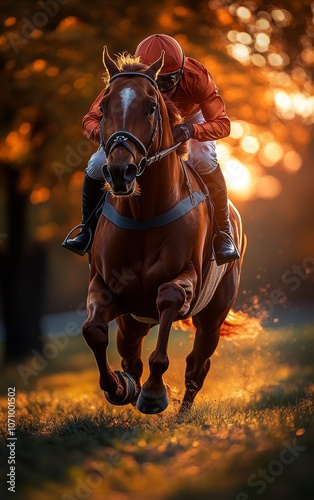 Racehorse and Jockey Racing at Sunset on Track, Motion Blur and Backlighting, Golden Hour Action

 photo