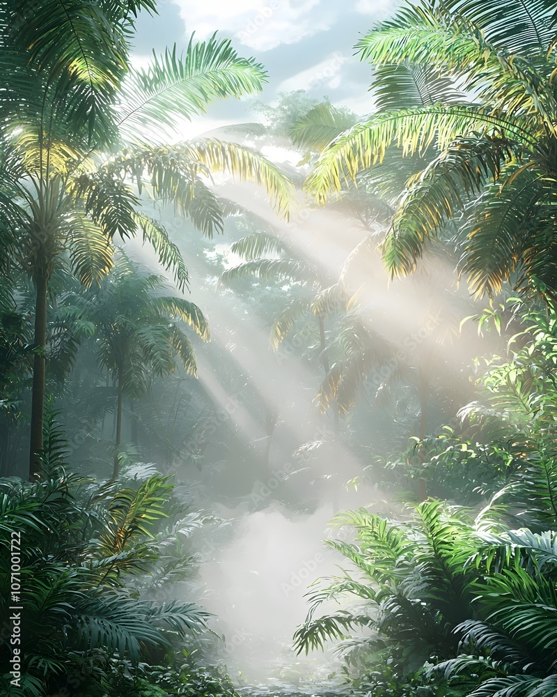 Naklejka premium A mesmerizing jungle scene filled with lush green palm trees and beams of sunlight filtering through the canopy, creating a serene and mystical atmosphere.