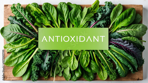 Fresh spinach and greens with antioxidant sign photo