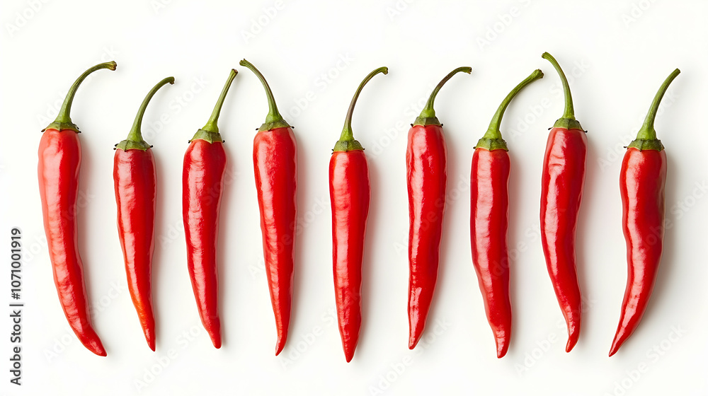 A row of ten vibrant red chili peppers on a white background, showcasing their unique shape and bright color.
