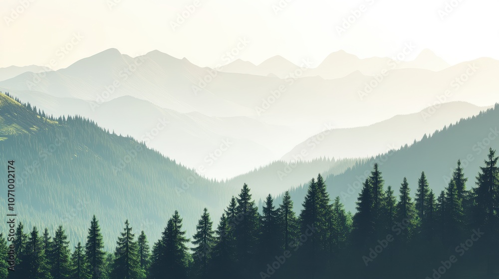 Misty Mountain Range with Pine Forest Misty Mountain Range with Pine Forest