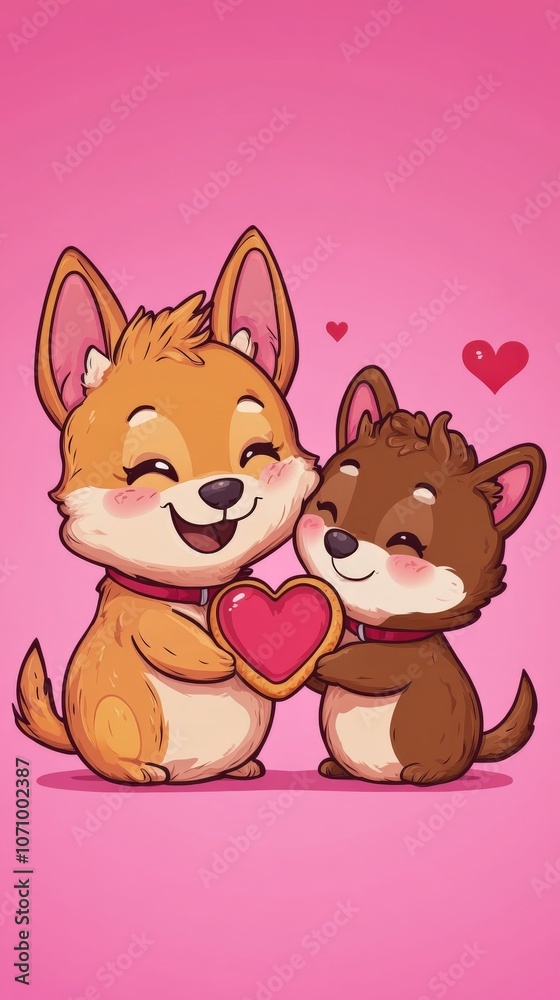 Cute Cartoon Puppies Holding Heart on Pink Background - Adorable Puppy Love Illustration - Kawaii Animal Art, Romantic Gesture, Heartwarming Friendship