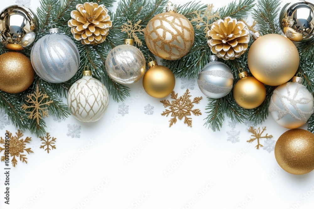 Christmas border design with gold and silver ornaments decorating fir tree branches Christmas border design with gold and silver ornaments decorating fir tree branches