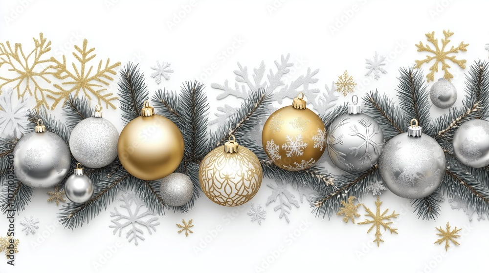 Christmas border with gold and silver ornaments and fir branches on white background Christmas border with gold and silver ornaments and fir branches on white background