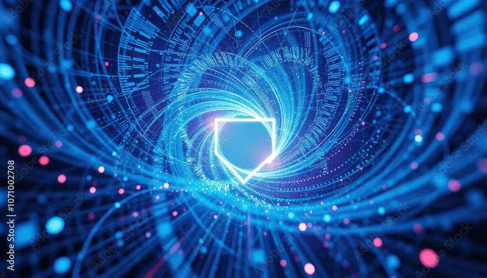 glowing triangular shape is surrounded by swirling blue and pink digital vortex, creating futuristic and dynamic energy flow glowing triangular shape is surrounded by swirling blue and pink digital vortex, creating futuristic and dynamic energy flow