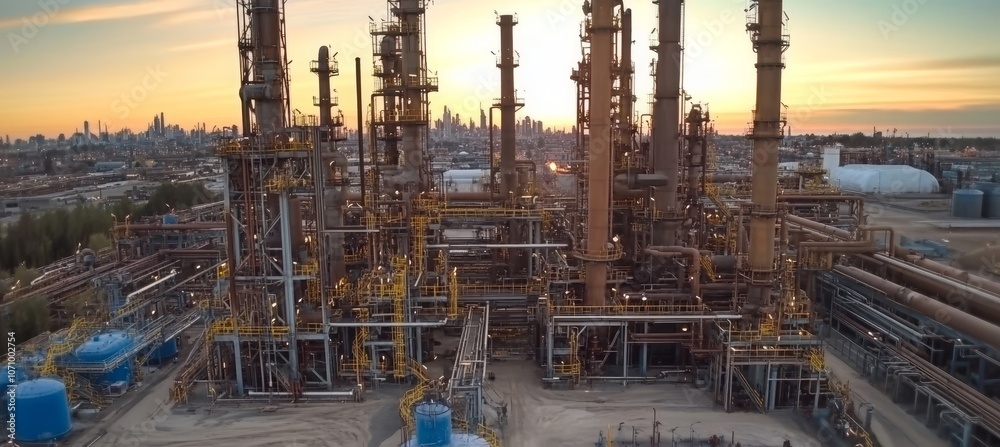 Fototapeta premium Industrial Oil Refinery and Gas Processing Plant with Complex Sunset Pipeline Network