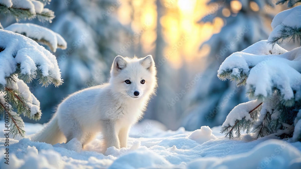 Illustration of an Adorable Baby Arctic Fox Exploring a Snow-Covered Forest Surrounded by Icy Trees in a Magical Winter Wonderland Scene