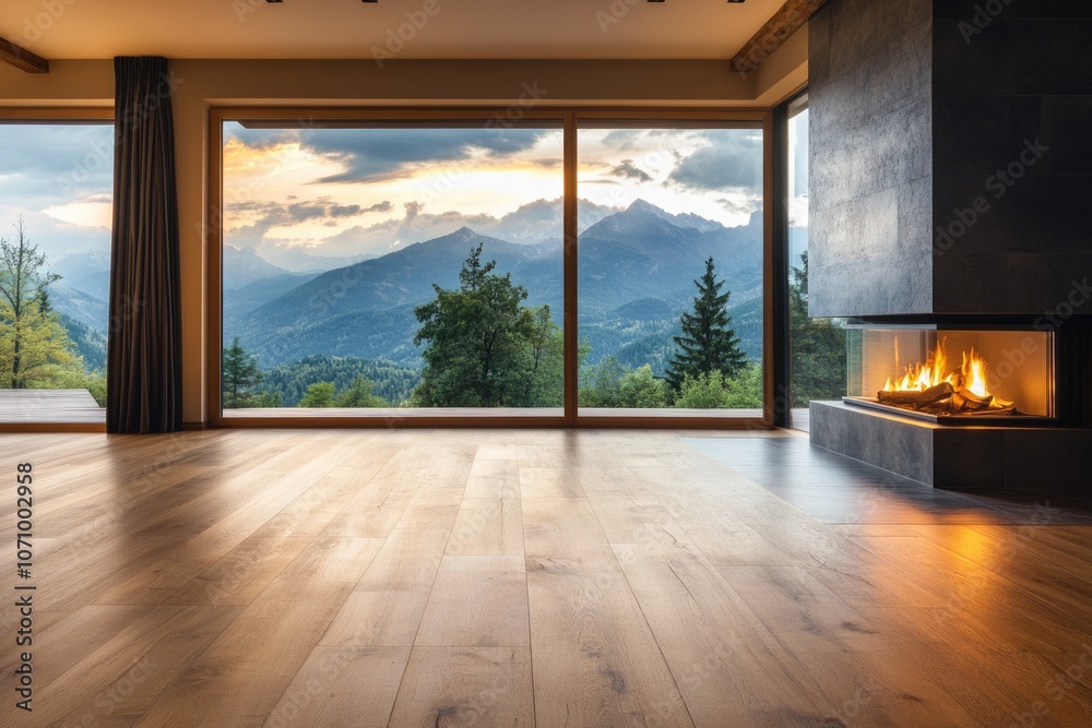 Obraz premium Modern Lounge Area with Stylish Fireplace and Panoramic Window View