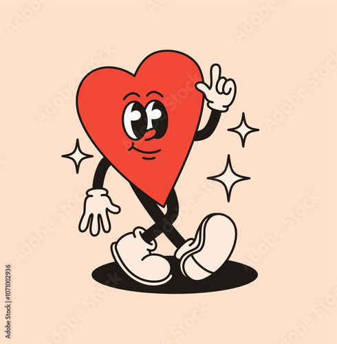 Groovy character heart. Flat vector illustration.
