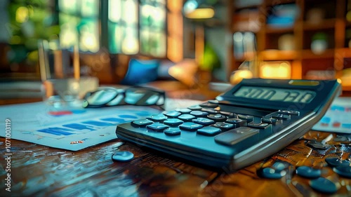 Close-up of a calculator resting on financial data charts. Colorful digital graphic style with a blurred background. Concept of finance and analytics