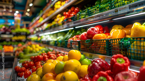 Estante de supermercado con frutas y verduras frescas