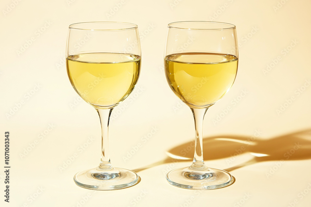 Two glasses of white wine on beige background with shadows Two glasses of white wine on beige background with shadows