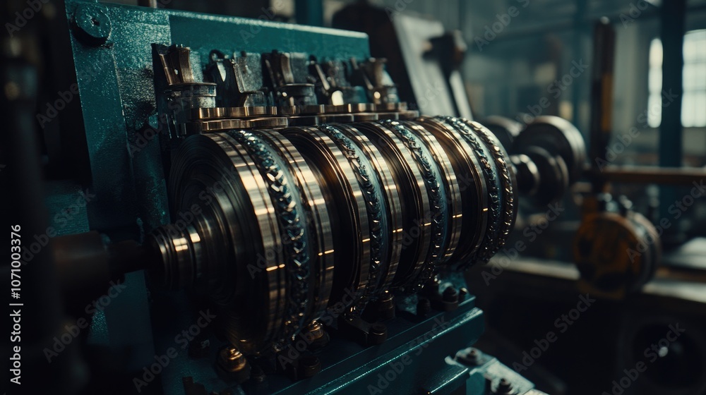 Naklejka premium Industrial Machinery in Factory Setting with Intricate Metal Components