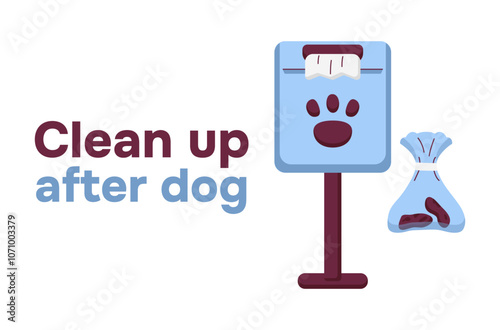 Clean up after dog. Poop in Bag, container with paw. Pet waste station. Box with canine Bags. Pick up and remove Animal excrement. Concept of keeping the environment clean. Color vector illustration