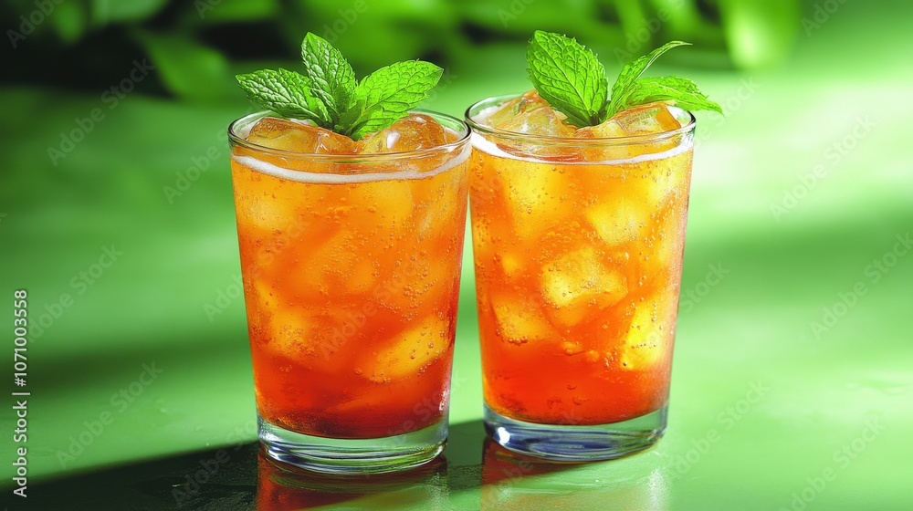 Refreshing Iced Tea with Fresh Mint Leaves and Ice Cubes in Glasses on Green Background Perfect for Summer Beverages and Cooling Down on Hot Days Refreshing Iced Tea with Fresh Mint Leaves and Ice Cubes in Glasses on Green Background Perfect for Summer Beverages and Cooling Down on Hot Days