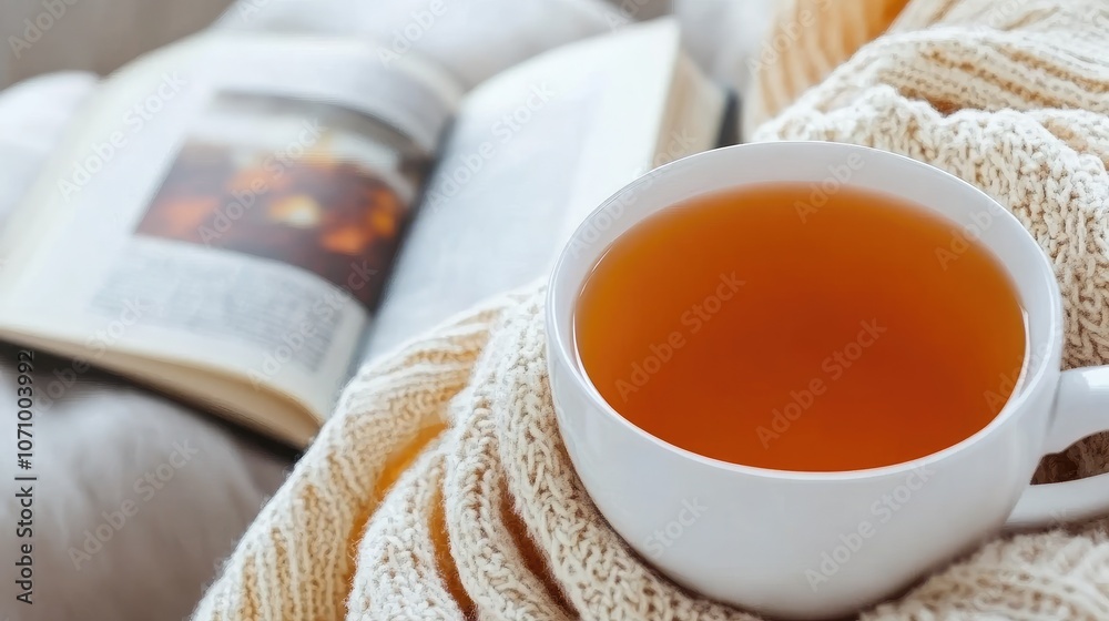 Cozy Autumn Reading Scene with a Warm Cup of Tea and a Knitted Blanket Cozy Autumn Reading Scene with a Warm Cup of Tea and a Knitted Blanket