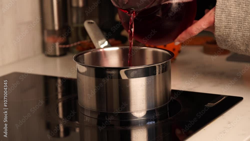 Pouring a red wine or juice into a shiny stainless steel pot Pouring a red wine or juice into a shiny stainless steel pot