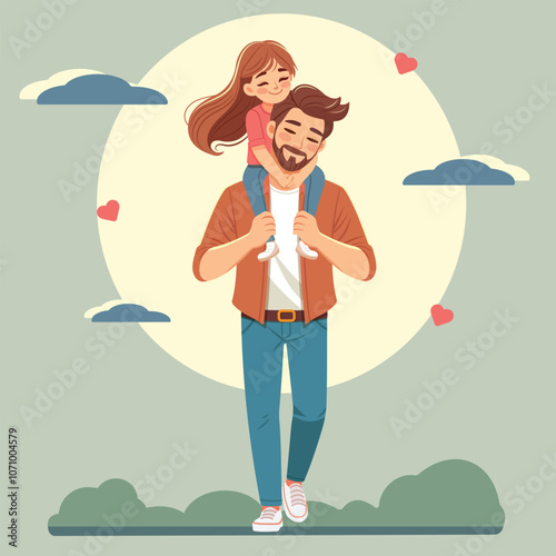 Happy father day. Smiling daughter sits on dad's shoulders and hugs him on nature background. Poster, Banner, Flyer, Greeting Card. Vector illustration in flat cartoon style